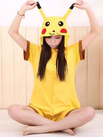 Adult Unisex Cartoon Pokemon Pikachu Animal Onesies Summer Short Sleeve Cotton Hooded Pajamas Cosplay Sleepwear