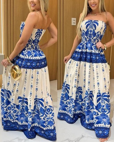 Vintage Floral & Plants Print Cinched Waist Shirred Strapless Dress Casual Ruffle Hem Vacation Dress