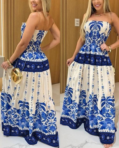 Vintage Floral & Plants Print Cinched Waist Shirred Strapless Dress Casual Ruffle Hem Vacation Dress