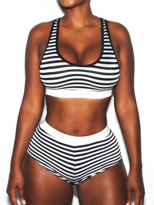 2pcs Women's Two-piece Sets Sexy Tight Striped Sleeveless Vest T-Shirt + Shorts Casual Wear