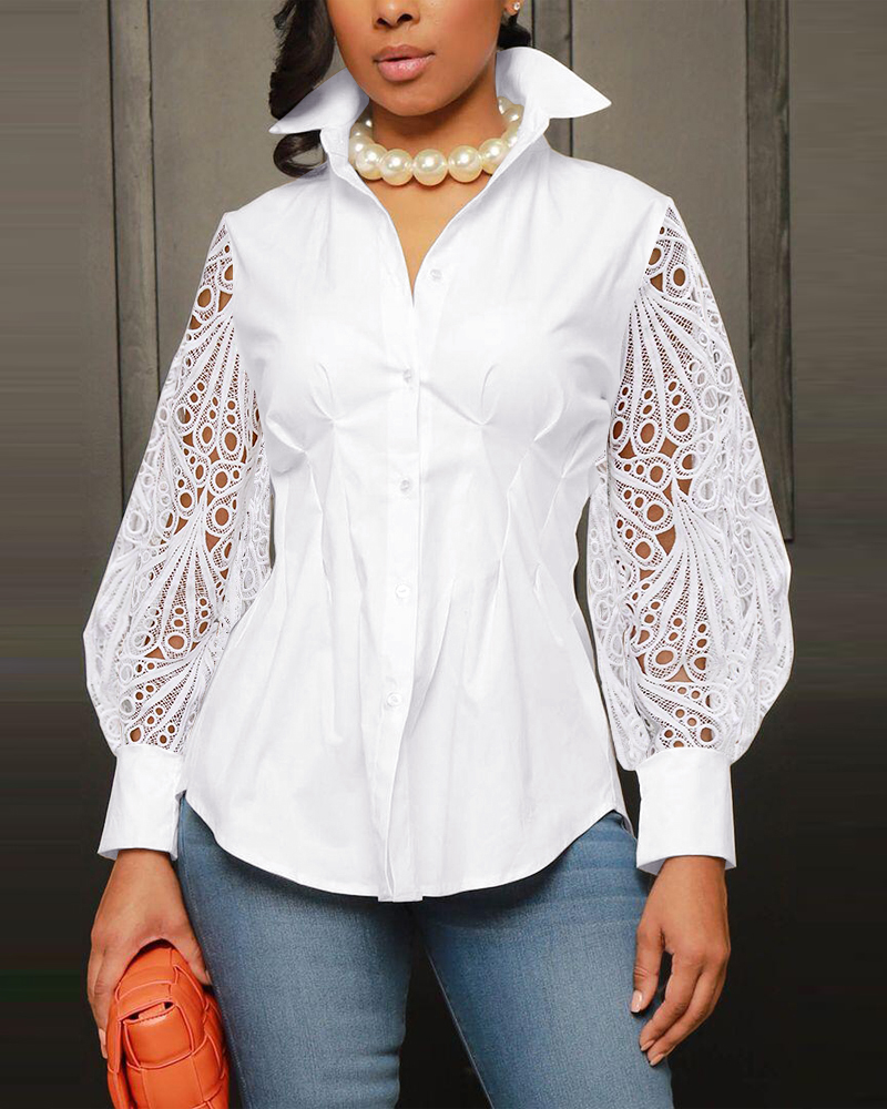 Turn-down Collar Hollow-out Guipure Lace Long Sleeve Button Front Blouse Casual Pleated Design Asymmetrical Hem Top