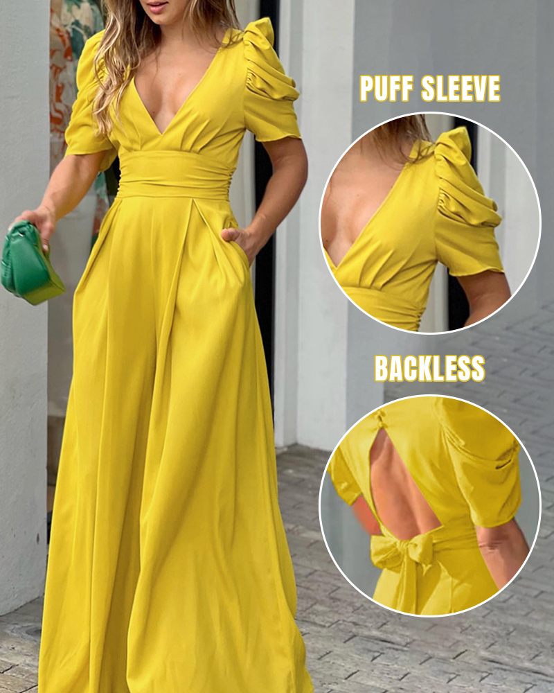Deep V-Neck Puff Sleeve High Waist Backless Overalls Casual Button Back Tie Back Wide Leg Jumpsuit