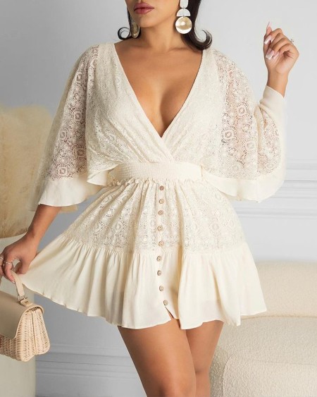 Plunging Neck Batwing Sleeve Button Decor Contrast Lace Dress