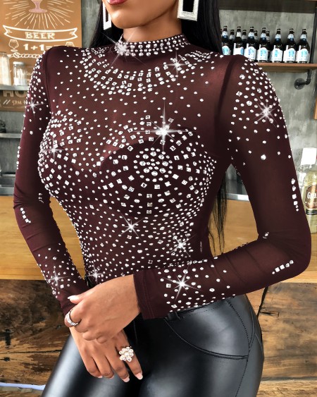 Rhinestone Studded Long Sleeve Bodysuit