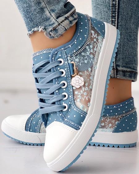 Floral Pattern Embroidery Dot Print Sneakers