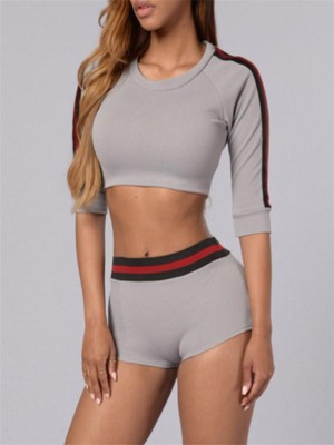 Women's Slim Fit Top Crop Top+Bottom Shorts 2pcs Sport Suit