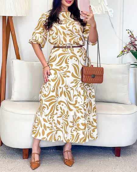 2 Pieces Outfit Floral Print Puff Sleeve Crop Top and Casual High Waist Ruffles Midi Skirt Set（Without Belt）