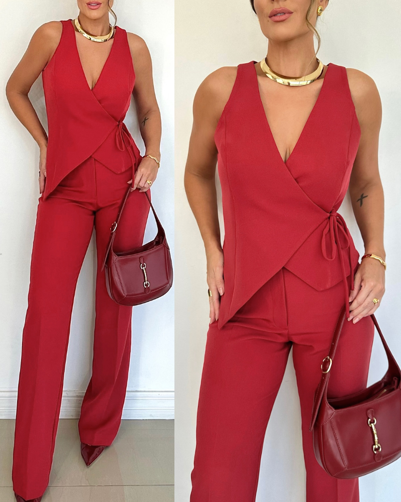2 Pieces Outfit Overlap Deep V Neck Sleeveless Tied Detail Wrap Front Asymmetrical Hem Vest and Casual High Waist Zipper Fly Elastic Back Waist Straight Leg Pants Set
