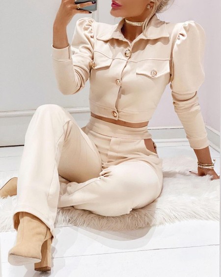 Puff Sleeve Pocket Decor Buttoned Top & Cutout Pants Set