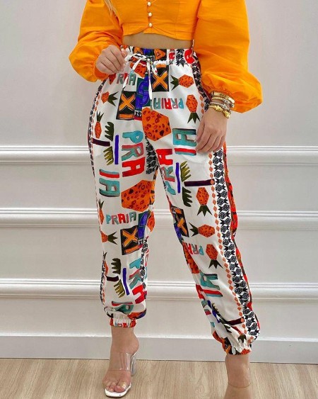 Graphic Print High Waist Drawstring Joggers