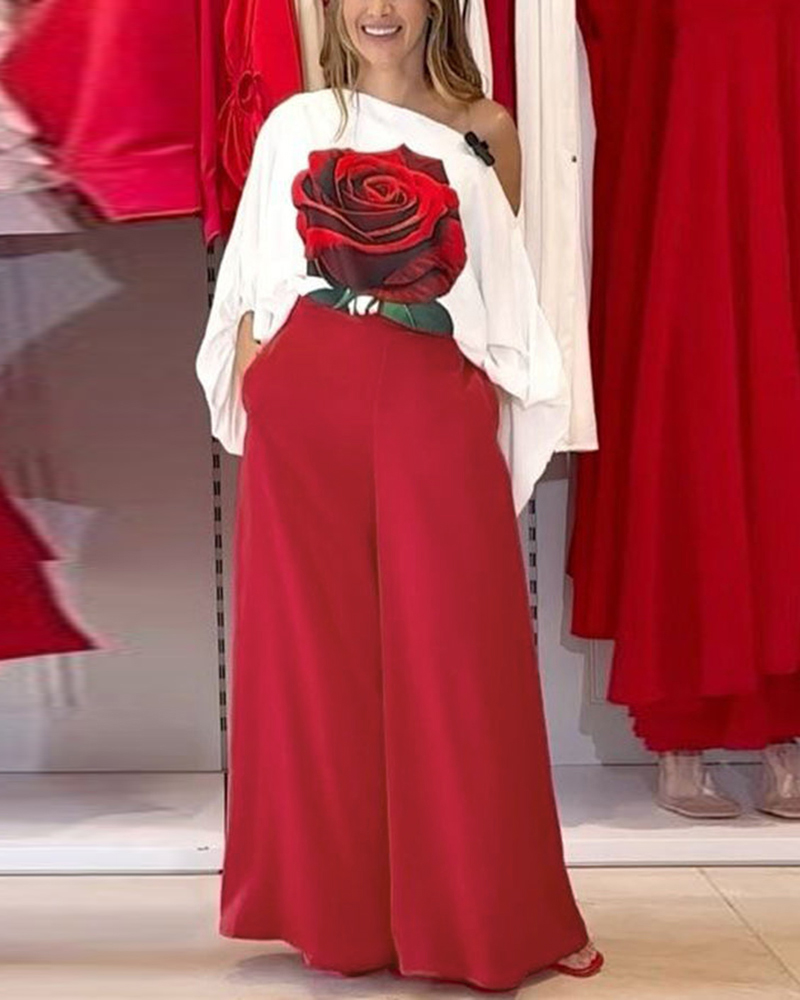 2 Pieces Outfit Rose Print Skew Neck Lantern Sleeve Top and Elastic Back Waist Wide Leg Pants Set Casual Loose Fit Set