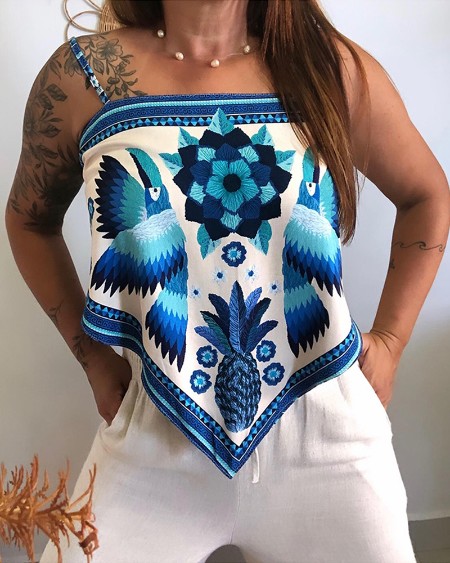 Tropical Print Spaghetti Strap Bandeau Tied Detail Tank Casual Backless Vacation Reversible Top