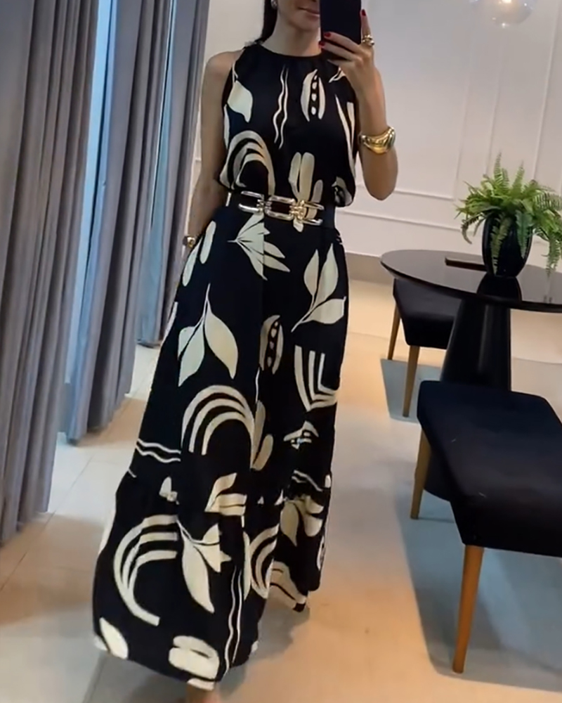Plants Print Ruched Neck Sleeveless Hollow-out Back Tied Detail Maxi Dress Casual Ruffle Hem Vacation Dress without Belt