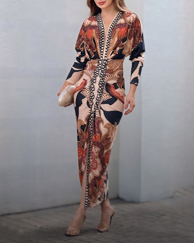 Vintage Baroque Long Sleeve Plunge V Neck Bodycon Dress Sexy Slim Fit Maxi Dress