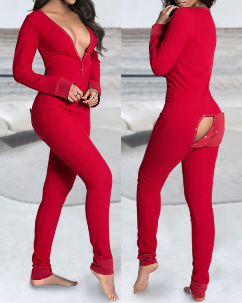 Christmas V-Neck Long Sleeve Functional Buttoned Flap Adults Pajamas One Piece