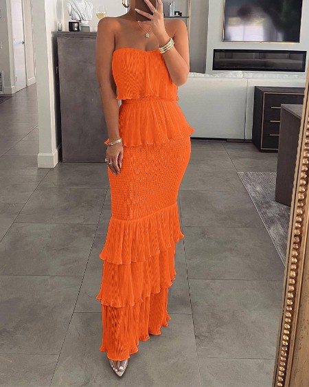 Shirred Ruffle Hem Layered Bandeau Dress
