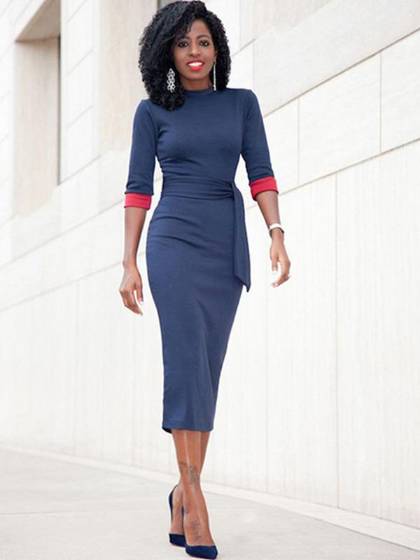 Women's Fashion Sexy Slim Fit Belt Splicing Half Sleeve O-neck Stretch Bodycon Party Dress