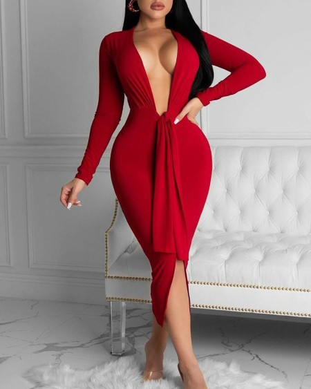 Plunging Neck Tie Front Split Skinny Dress