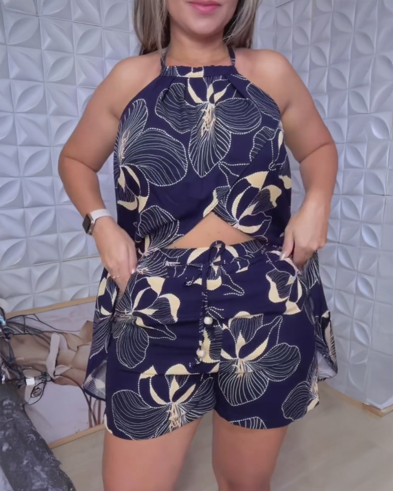 2 Pieces Outfit Floral Print Halter Split Hem Front Top and Casual Drawstring Elastic High Waist Shorts Set With Pockets