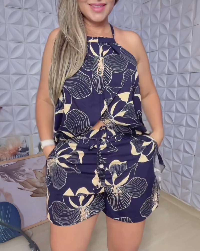 2 Pieces Outfit Floral Print Halter Split Hem Front Top and Casual Drawstring Elastic High Waist Shorts Set With Pockets