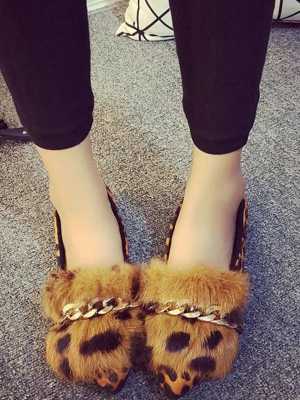 Women's Autumn Winter Stylish Sexy Rabbit Fur Slip Flat Shoes Pointy Suede Pointed Toe Flats Shoes