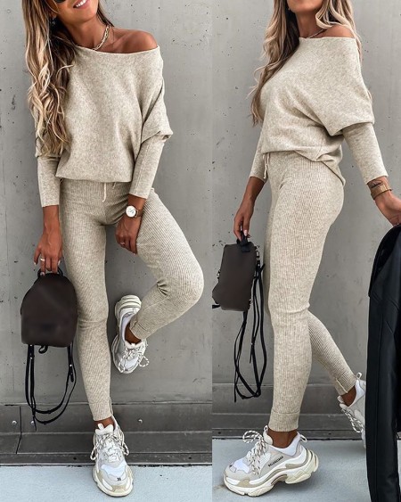 2 Piece Lounge Outfit Long Sleeve Pullover Tops Drawstring High Waisted Pants Set Tracksuit
