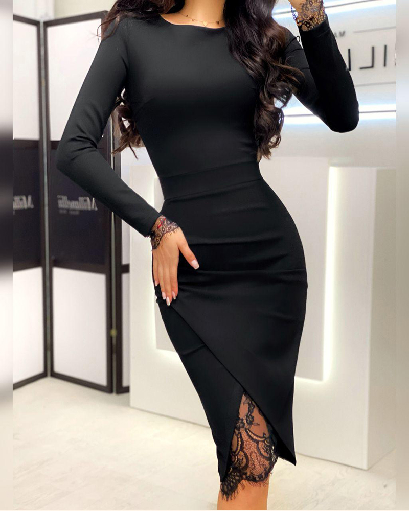 Contrast Lace Long Sleeve Side Slit Bodycon Dress Casual Slim Fit Midi Dress