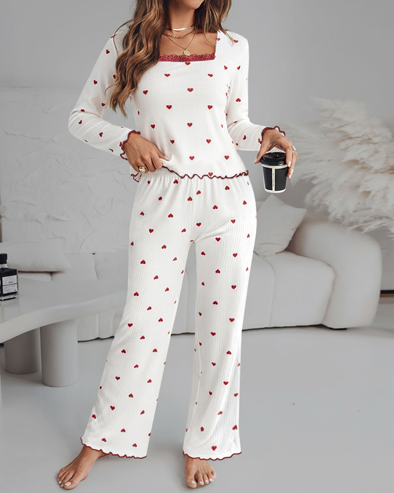 2 Pieces Outfit Lace Trim Square Neck Long Sleeve Top and Elastic Waist Pants Set Casual Heart Print Frill Trim Ribbed Pajamas Set