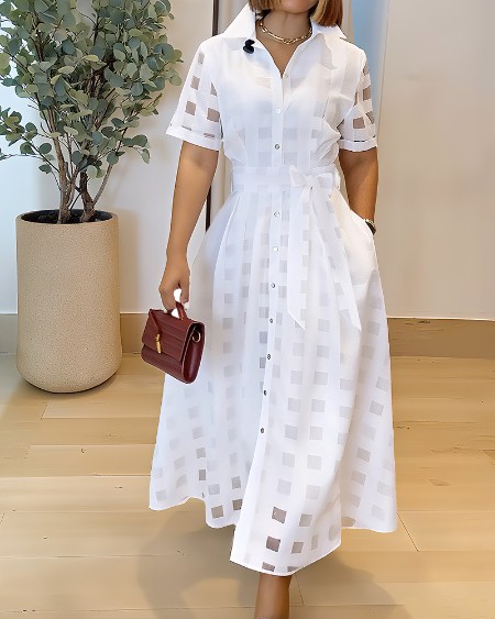 Turn-down Collar Plaid Mesh Double-Layered Cinched Waist A Line Shirt Dress Button Down Bow Tie Waist Maxi Dress