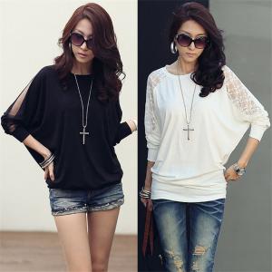 New Fashion Women's Batwing Top Dolman Lace Loose Long Sleeve T-Shirt women Blouse with lace top Black White