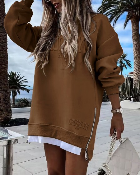 BROOKL YN NYC Pattern Long Sleeve Side Slit Sweatshirt Dress