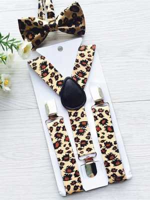 Children Kids Fashion Leopard Print Clip-on Suspenders Elastic Adjustable Braces+Classic Bow Tie
