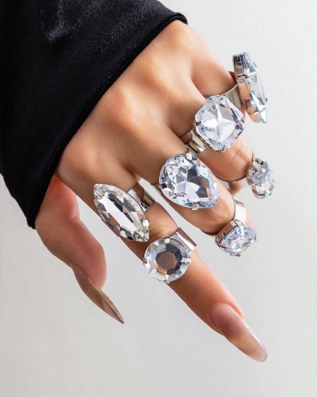 7PCS Geometric Silver Crystal Rings Set Rhinestone Knuckle Stacking Jewelry Gifts