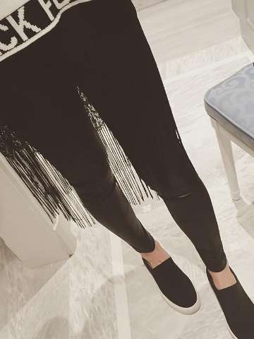 Women's Fall Fashion Lace Stitching Tassels Attached Leggings Slim Fit Black Long Pencil Pants Women Skinny