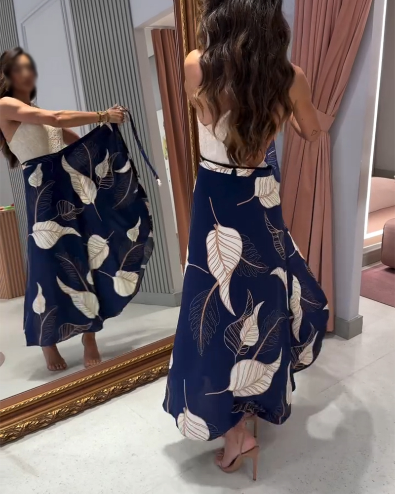 Leaves Print High Waist Wrap Lace-Up Skirt Casual Asymmetrical Hem Skirt