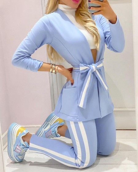Striped Colorblock Pocket Design Coat & Pants Set