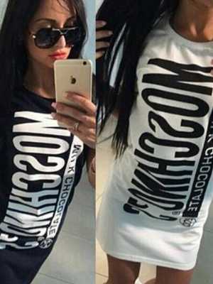 Women Fashion Casual Dress Long T-Shirt Letters Printed Short Sleeves Dresses Women Plus Size Round Neck Shirt