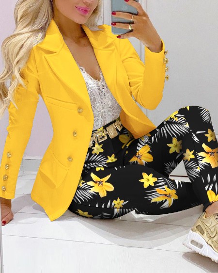 Lapel Collar Double Breasted Pocket Blazer & Tropica Print Tailored Pants Set