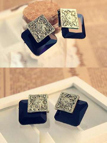 New Fashion Vintage Retro Square Carved Bronze Ear Stud Earrings
