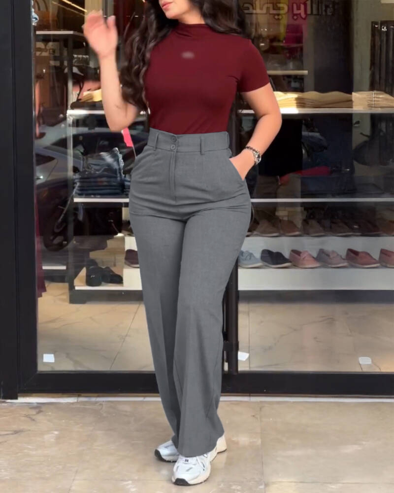 High Waist Zipper Fly Elastic Back Waist Trousers Casual Wide Leg Pants