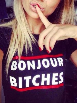 Women's Letters Print Round Neck T-shirt Short Sleeve Cotton Tops Blouse