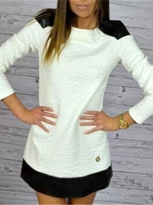Women White Round Neck Long Sleeve PU Paneled Pullover Sweat Dress Top