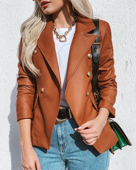 Double Breasted Pocket Design PU Leather Blazer Coat
