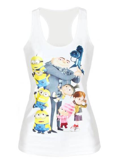 Women's Summer Fashion 3D Digital Pure White Designedshirt Nice Cartoon Minions Print Sleeveless Slim Fashion Vest Tanks T-shirt