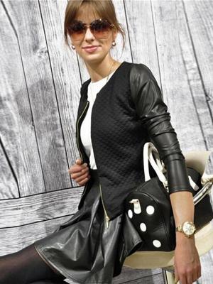 Women White Black Contrast Leather Long Sleeve Crop Jacket Coats