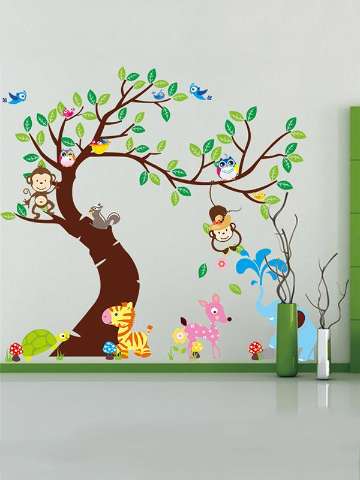 Large Removable Wallpaper Birds Monkey Owls Squirrel Animals Tree Wall Stickers For Kids Rooms Decal Home Art