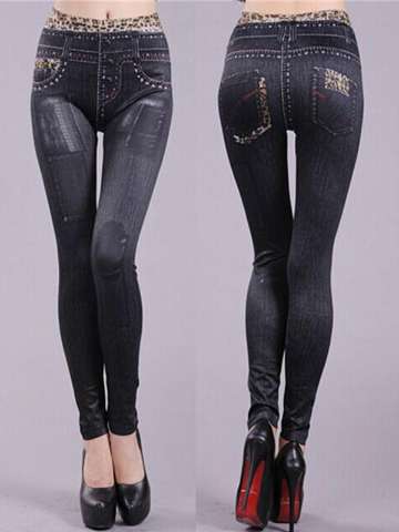 Women's Denim Look Patch Jeans Skinny Leggings Fashion Leopard Stretch Pants Trousers