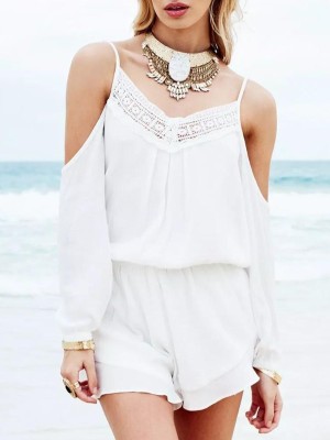 Women's Sexy White Sling Lace Patchwork Jumpsuit Off-Shoulder Short Pants Casual Bodysuit Rompers
