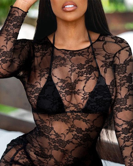 Floral Pattern Lace Long Sleeve Sheer Mesh Cover Up Dress