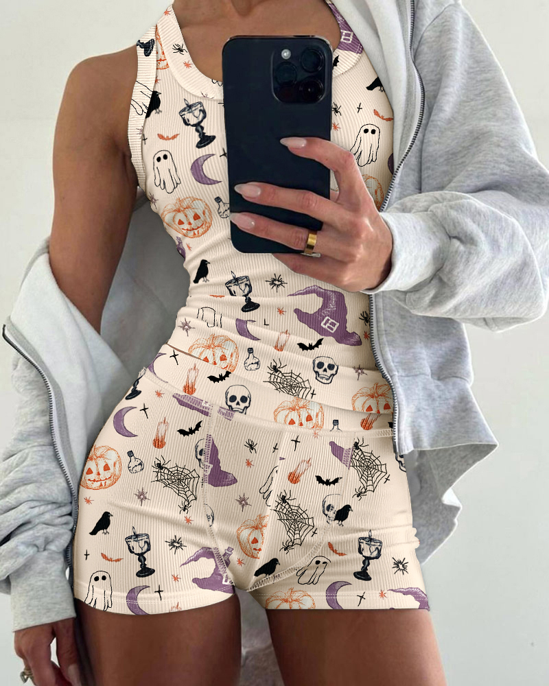 2 Pieces Outfit Graphic Print U-Neck Tank Top and Elastic Waist Shorts Set Casual Ribbed Pajamas Set